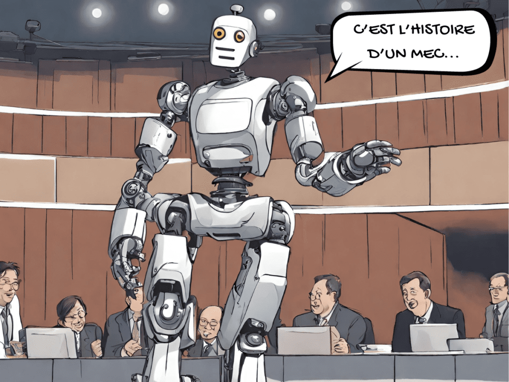 Image décorative : illustration d'un robot qui parle devant une assemblée d'homme sérieux et s'apprête à faire une blague mal placée...